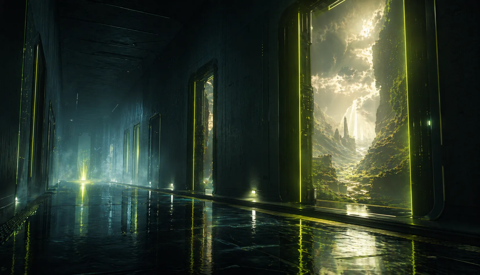 Science fiction corridor showing cinematic text direction